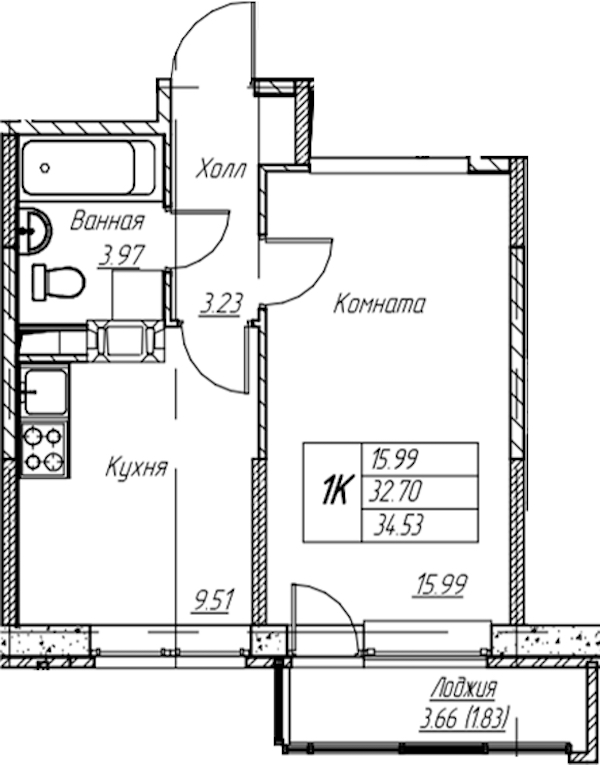 1-комнатная квартира 34.53 м², 13/22 эт., ЖК «Парк-квартал Юнтолово»